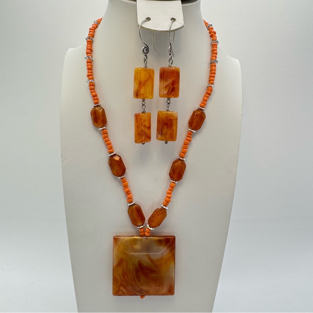 Vintage Lucite Statement Necklace Earrings Set Orange Acrylic Retro Jewelry